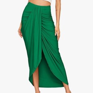 SheIn Women's Casual Slit Wrap Asymmetrical Elastic High Waist Maxi Draped Skirt